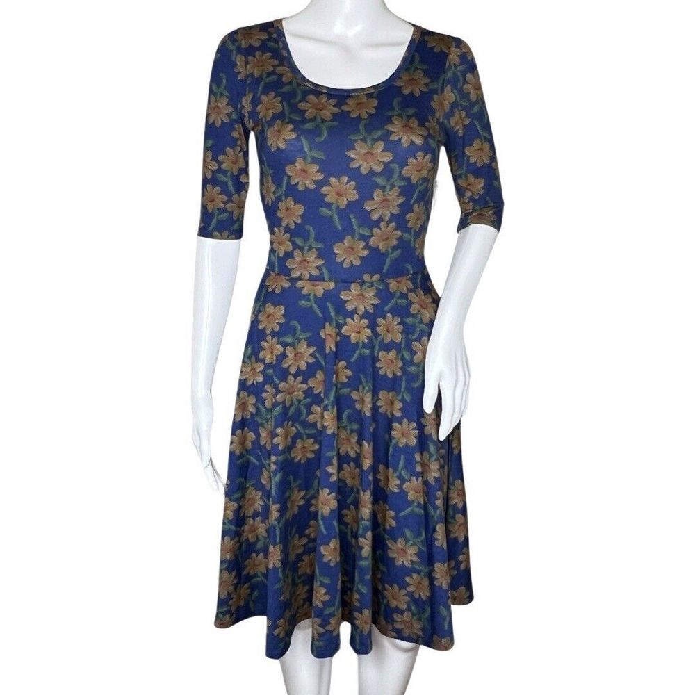 Lularoe Dress Women XS Blue Yellow‎ Floral Print Flowers Daisies A-Line Nicole